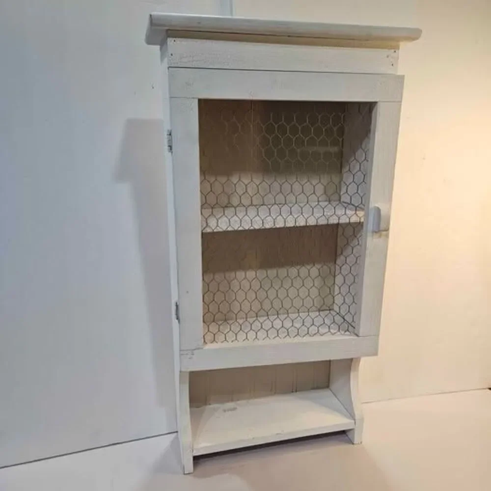 Rustic White Farmhouse Wall Cabinet with Chicken Wire Door